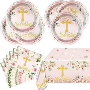 Pink God Bless Tableware Set,First Communion 20 Plates and 20 Napkins and Tablecloth51'' x 86'',For Newborn Baptism Church Party Decoration Pink God Bless Tableware Set,First Communion 20 Plates and 20 Napkins and Tablecloth51'' x 86'',For Newborn Baptism Church Party Decoration