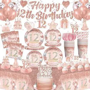 201 Pcs 12th Birthday Decorations for Girls, Pre-assembled Happy 12th Birthday Banner Cake Topper Rose Gold Plates and Napkins Party Supplies with 2 Pcs 12 Birthday Tablecloth for 12 Year Old Girl 201 Pcs 12th Birthday Decorations for Girls, Pre-assembled Happy 12th Birthday Banner Cake Topper Rose Gold Plates and Napkins Party Supplies with 2 Pcs 12 Birthday Tablecloth for 12 Year Old Girl