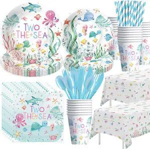 APOWBLS Two The Sea Birthday Decorations Tableware, Ocean Underwater Under The Sea 2nd Birthday Party Supplies, Paper Plate, Cup, Napkin, Tablecloth, Cutlery | Serves 24 APOWBLS Two The Sea Birthday Decorations Tableware, Ocean Underwater Under The Sea 2nd Birthday Party Supplies, Paper Plate, Cup, Napkin, Tablecloth, Cutlery | Serves 24