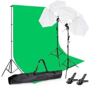 Photography Background Stand Support System with Muslin Backdrop (Chromakey Green Screen kit) 85W 5500K LED Bulb with Umbrella Lighting Kit for Photo Studio Product, Portrait and Video Shoot Photography Background Stand Support System with Muslin Backdrop (Chromakey Green Screen kit) 85W 5500K LED Bulb with Umbrella Lighting Kit for Photo Studio Product, Portrait and Video Shoot
