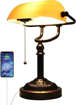 Bankers Desk Lamp with USB-A Port, Rustic Desk Lamp Pull Chain with Yellow Glass Shade, Vintage Banker's Desk Lamp Oil Rubbed Bronze for Home Office Library Bankers Desk Lamp with USB-A Port, Rustic Desk Lamp Pull Chain with Yellow Glass Shade, Vintage Banker's Desk Lamp Oil Rubbed Bronze for Home Office Library