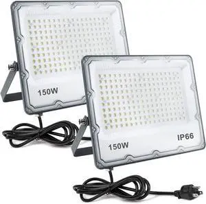 150W LED Flood Lights Plug in, Outdoor Security Lights Fixtures 6500K 15000LM Illumination, IP66 Waterproof White Lighting for Ball Ground, Parking Lot, Pathway, Yard (2 Pack) 150W LED Flood Lights Plug in, Outdoor Security Lights Fixtures 6500K 15000LM Illumination, IP66 Waterproof White Lighting for Ball Ground, Parking Lot, Pathway, Yard (2 Pack)