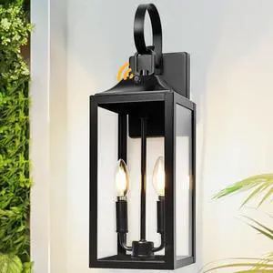 Black Dusk to Dawn Outdoor Wall Lantern 2-Light, 19" Large Outside Modern Porch Sconce Light Fixture, Industrial Porch Light Wall Mount with Glass, Waterproof Farmhouse Exterior Lamp Lighting Black Dusk to Dawn Outdoor Wall Lantern 2-Light, 19" Large Outside Modern Porch Sconce Light Fixture, Industrial Porch Light Wall Mount with Glass, Waterproof Farmhouse Exterior Lamp Lighting