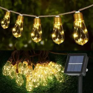Solar String Lights, Solar Outdoor String Lights, 24FT Solar Powered Patio Lights with 20 Shatterproof Bulbs, Waterproof Vintage Rope Hemp & 8 Modes for Garden Fence Balcony Camping (Warm White) Solar String Lights, Solar Outdoor String Lights, 24FT Solar Powered Patio Lights with 20 Shatterproof Bulbs, Waterproof Vintage Rope Hemp & 8 Modes for Garden Fence Balcony Camping (Warm White)