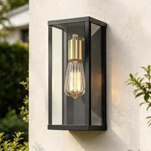 AKEZON Outdoor Wall Light Fixture, Matte Black & Brass Exterior Wall Light with Glass Shades, Anti-Rust Porch Lighting Sconce E26 Hardwired Modern Wall Lantern for Garage Patio Front Door AKEZON Outdoor Wall Light Fixture, Matte Black & Brass Exterior Wall Light with Glass Shades, Anti-Rust Porch Lighting Sconce E26 Hardwired Modern Wall Lantern for Garage Patio Front Door