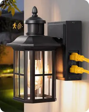 EDISHINE Outdoor Wall Lights with GFCI Outlet, Motion Sensor Porch Light for House, Dusk to Dawn Exterior Lighting Fixtures, Waterproof Outdoor Wall Sconce for Patio Garage, Black EDISHINE Outdoor Wall Lights with GFCI Outlet, Motion Sensor Porch Light for House, Dusk to Dawn Exterior Lighting Fixtures, Waterproof Outdoor Wall Sconce for Patio Garage, Black