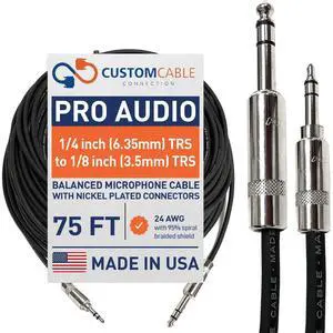 Custom Cable Connection 75 Foot Pro Audio 1/4 inch (6.35mm) TRS to 1/8 inch (3.5mm) TRS Balanced Cable Custom Cable Connection 75 Foot Pro Audio 1/4 inch (6.35mm) TRS to 1/8 inch (3.5mm) TRS Balanced Cable
