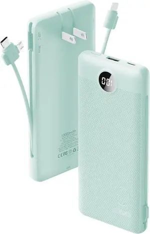 VRURC Portable Charger Built-in Cables and AC Wall Plug, USB C Power Bank 10000mAh, Travel Battery Portable Phone Charger Compact Lightweight External Battery Pack for Smart Phones, Tablets etc-Green VRURC Portable Charger Built-in Cables and AC Wall Plug, USB C Power Bank 10000mAh, Travel Battery Portable Phone Charger Compact Lightweight External Battery Pack for Smart Phones, Tablets etc-Green