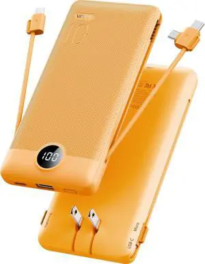 VRURC Portable Charger, Power Bank Built-in Cables and AC Wall Plug | USB C Power Bank 10000mAh Travel Essentials Phone Charger Compact External Battery Pack For Smart Phones, Tablets etc-Orange VRURC Portable Charger, Power Bank Built-in Cables and AC Wall Plug | USB C Power Bank 10000mAh Travel Essentials Phone Charger Compact External Battery Pack For Smart Phones, Tablets etc-Orange