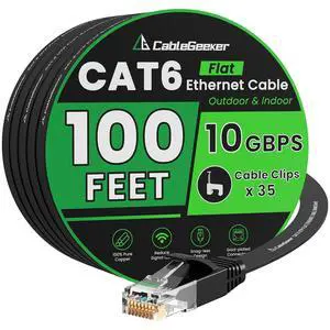 Cat 6 Ethernet Cable 100 ft, Indoor&Outdoor, High Speed 10Gbps Internet Network, Pure Copper Flat Ethernet Patch Cable Long, Computer LAN Cable with Clips & Straps for Router, Modem, PS4/5, Black Cat 6 Ethernet Cable 100 ft, Indoor&Outdoor, High Speed 10Gbps Internet Network, Pure Copper Flat Ethernet Patch Cable Long, Computer LAN Cable with Clips & Straps for Router, Modem, PS4/5, Black
