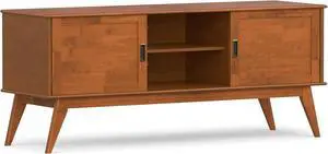 SIMPLIHOME Draper TV Stand - 60 inch Wide Solid Wood Low Media Console in Teak Brown, Mid Century Modern Entertainment Center for Living Room for TVs up to 65 Inches with Cabinets and Cable Management SIMPLIHOME Draper TV Stand - 60 inch Wide Solid Wood Low Media Console in Teak Brown, Mid Century Modern Entertainment Center for Living Room for TVs up to 65 Inches with Cabinets and Cable Management