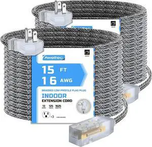 2 Pack Extension Cord 15 Ft,3 Outlet Braided Cable,16 Gauge Wire SPT-2, Multiple Outlets Tamper Guard,Outlet Saver,3 Polarized Outlets with Safety Cap Protection for Home Office, Black/White 2 Pack Extension Cord 15 Ft,3 Outlet Braided Cable,16 Gauge Wire SPT-2, Multiple Outlets Tamper Guard,Outlet Saver,3 Polarized Outlets with Safety Cap Protection for Home Office, Black/White