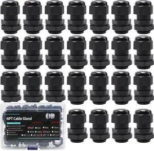 25-Pack 1/2" NPT Cable Glands, IP68 Waterproof Nylon PA66 Strain Relief Cord Grips, Adjustable Locknut for 6-12mm Wire, Electrical Conduit Fitting with Gaskets & PP Box, Black-AIRTAK 25-Pack 1/2" NPT Cable Glands, IP68 Waterproof Nylon PA66 Strain Relief Cord Grips, Adjustable Locknut for 6-12mm Wire, Electrical Conduit Fitting with Gaskets & PP Box, Black-AIRTAK
