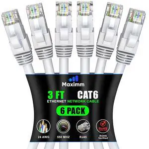 Maximm Cat6 Ethernet Cable Ft White (6-Pack), 10Gbps 550MHz UTP Cord Maximm Cat6 Ethernet Cable Ft White (6-Pack), 10Gbps 550MHz UTP Cord