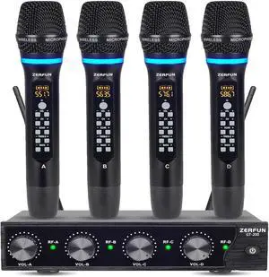 Rechargeable Wireless Microphone System 4 Channel Pro, UHF Metal Handheld Wireless Mics Cordless for Church Karaoke Singing with Echo Treble BASS VOL Channel Control(GT-200) Rechargeable Wireless Microphone System 4 Channel Pro, UHF Metal Handheld Wireless Mics Cordless for Church Karaoke Singing with Echo Treble BASS VOL Channel Control(GT-200)