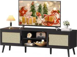 SUPERJARE TV Stand for 65 Inch TV, Entertainment Center with Adjustable Shelf, Rattan TV Console with 2 Cabinets, Media Console, Solid Wood Feet, 4 Cord Holes, for Living Room, Black SUPERJARE TV Stand for 65 Inch TV, Entertainment Center with Adjustable Shelf, Rattan TV Console with 2 Cabinets, Media Console, Solid Wood Feet, 4 Cord Holes, for Living Room, Black