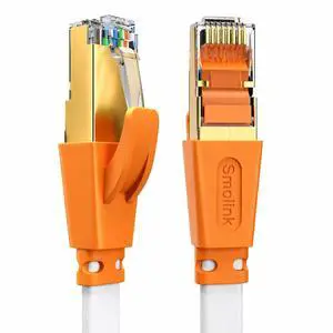 Smolink Cat 8 Ethernet Cable 50ft, 40Gbps 2000MHz Flat LAN Cable | SFTP Shielded Flat Cable with Gold Plated RJ45 Connector for Router, Modem, Switch, Gaming PC, PS5, Xbox, White Smolink Cat 8 Ethernet Cable 50ft, 40Gbps 2000MHz Flat LAN Cable | SFTP Shielded Flat Cable with Gold Plated RJ45 Connector for Router, Modem, Switch, Gaming PC, PS5, Xbox, White
