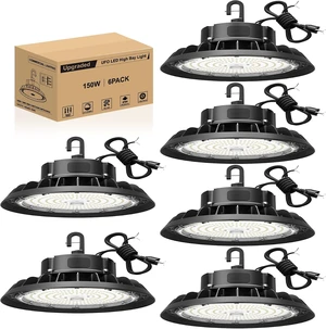 UFO LED High Bay Light 150W 6 Pack, High Bay LED Shop Light 22,500LM 0-10V Dimmable, 5' Cable with US Plug, Hanging Hook, Safe Rope, ETL Listed High Bay Light for Warehouse Factory Barn Shop UFO LED High Bay Light 150W 6 Pack, High Bay LED Shop Light 22,500LM 0-10V Dimmable, 5' Cable with US Plug, Hanging Hook, Safe Rope, ETL Listed High Bay Light for Warehouse Factory Barn Shop