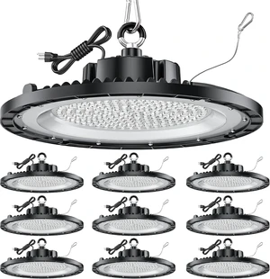 Launding 250W UFO LED High Bay Light 10 Pack, 30000LM 5000K Daylight Super Bright Commercial High Bay LED Shop Lights for Warehouse Workshop Garage Barn with 5ft US Plug Cable & Safe Rope, AC100-277V. Launding 250W UFO LED High Bay Light 10 Pack, 30000LM 5000K Daylight Super Bright Commercial High Bay LED Shop Lights for Warehouse Workshop Garage Barn with 5ft US Plug Cable & Safe Rope, AC100-277V.