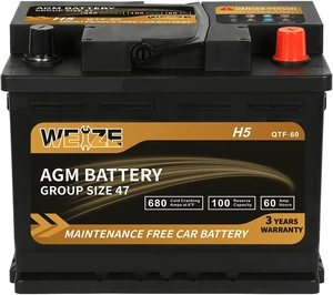 Weize Platinum AGM Battery BCI Group 47-12v 60ah H5 Size 47 Automotive Battery, 100RC, 680CCA, 36 Months Warranty, Dimensions 9.52" L x 6.89" W x 7.48" H Weize Platinum AGM Battery BCI Group 47-12v 60ah H5 Size 47 Automotive Battery, 100RC, 680CCA, 36 Months Warranty, Dimensions 9.52" L x 6.89" W x 7.48" H