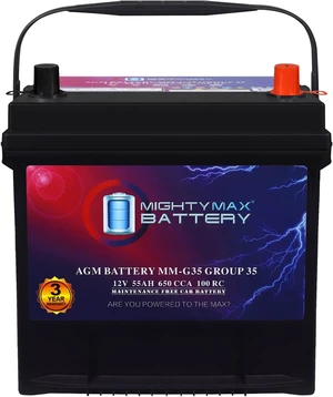 Mighty Max Battery MM-G35 Start and Stop Car BCI Group Size 35 12V 55Ah, 100RC, 650 CCA Rechargeable AGM Car battery Mighty Max Battery MM-G35 Start and Stop Car BCI Group Size 35 12V 55Ah, 100RC, 650 CCA Rechargeable AGM Car battery