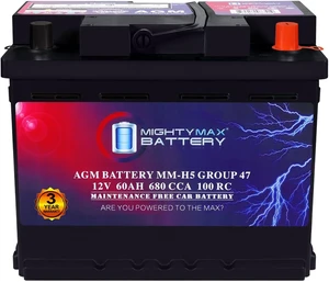 Mighty Max Battery MM-H5 Start and Stop Car BCI Group Size 47 12V 60 AH, 100RC, 680 CCA Rechargeable AGM Car Battery Mighty Max Battery MM-H5 Start and Stop Car BCI Group Size 47 12V 60 AH, 100RC, 680 CCA Rechargeable AGM Car Battery