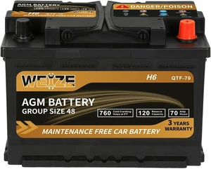Weize Platinum AGM Battery BCI Group 48-12v 70ah H6 Size 48 Automotive Battery, 120RC, 760CCA, 36 Months Warranty, Dimensions 10.94" L x 6.89" W x 7.48" H Weize Platinum AGM Battery BCI Group 48-12v 70ah H6 Size 48 Automotive Battery, 120RC, 760CCA, 36 Months Warranty, Dimensions 10.94" L x 6.89" W x 7.48" H