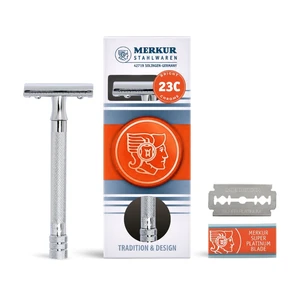 MERKUR 23C Double Edge Safety Razor - Polished Chrome, Long Knurled Brass Handle, Made in Germany, Plastic-Free, Three Piece Design, Closed Comb, Straight Bar MERKUR 23C Double Edge Safety Razor - Polished Chrome, Long Knurled Brass Handle, Made in Germany, Plastic-Free, Three Piece Design, Closed Comb, Straight Bar