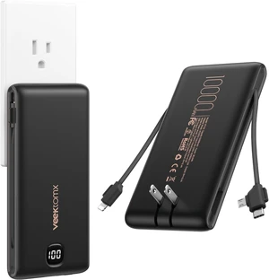 VEEKTOMX Portable Charger with Built-in Cables and AC Wall Plug, 10000mAh VEEKTOMX Portable Charger with Built-in Cables and AC Wall Plug, 10000mAh