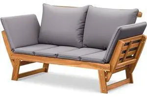 Flamaker Outdoor Couch with Adjustable Armrests, Acacia Wood Patio Loveseat with Soft Cushions, Convertible Patio Furniture for Balcony, Porch, Backyard (Grey) Flamaker Outdoor Couch with Adjustable Armrests, Acacia Wood Patio Loveseat with Soft Cushions, Convertible Patio Furniture for Balcony, Porch, Backyard (Grey)