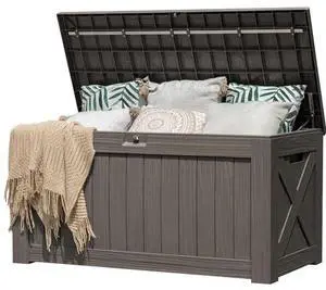 Flamaker Resin Deck Box 120 Gallon Waterproof Large Outdoor Indoor Storage Box Imitation Wood Resin for Patio Furniture Garden Tools and Pool (Deep Brown) Flamaker Resin Deck Box 120 Gallon Waterproof Large Outdoor Indoor Storage Box Imitation Wood Resin for Patio Furniture Garden Tools and Pool (Deep Brown)