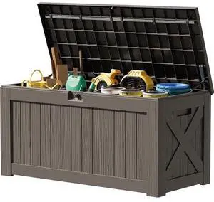 JUMMICO 120 Gallon Resin Deck Box, Large Outdoor Storage Box Waterproof & Lockable for Garden, Patio, Pools (Deep Brown) JUMMICO 120 Gallon Resin Deck Box, Large Outdoor Storage Box Waterproof & Lockable for Garden, Patio, Pools (Deep Brown)