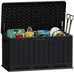 JUMMICO 90 Gallon Waterproof Resin Deck Box, Double Wall Outdoor Storage Box with Lockable Lid for Garden Tools, Patio Cushions, Pools (Black) JUMMICO 90 Gallon Waterproof Resin Deck Box, Double Wall Outdoor Storage Box with Lockable Lid for Garden Tools, Patio Cushions, Pools (Black)