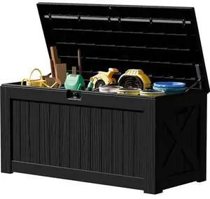 JUMMICO 120 Gallon Resin Deck Box, Large Outdoor Storage Box Waterproof & Lockable for Garden, Patio, Pools (Black) JUMMICO 120 Gallon Resin Deck Box, Large Outdoor Storage Box Waterproof & Lockable for Garden, Patio, Pools (Black)