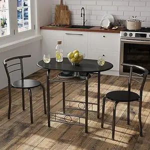 JUMMICO 3-Piece Wooden Round Table & Chair Set, Space Saving Kitchen Breakfast Nook Wood Grain Tabletop with Metal Frame and Built-in Wine Rack for Kitchen, Dining Room (Black) JUMMICO 3-Piece Wooden Round Table & Chair Set, Space Saving Kitchen Breakfast Nook Wood Grain Tabletop with Metal Frame and Built-in Wine Rack for Kitchen, Dining Room (Black)