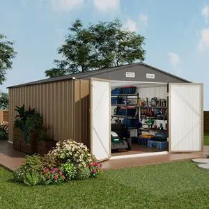 Devoko 10x14 FT Outdoor Storage Shed, Large Metal Storage Sheds with Lockable Door, Utility Garden Tool Shed with Sloping Roof, Outside Steel Storage Sheds for Patio Lawn Backyard, Brown Devoko 10x14 FT Outdoor Storage Shed, Large Metal Storage Sheds with Lockable Door, Utility Garden Tool Shed with Sloping Roof, Outside Steel Storage Sheds for Patio Lawn Backyard, Brown