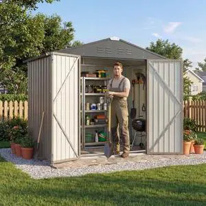 Devoko 6 x 4 FT Storage Sheds with Floor Frame, Waterproof Garden Tool Shed with Lockable Door, Outdoor Metal Utility Shed for Backyard Patio Lawn, Brown Devoko 6 x 4 FT Storage Sheds with Floor Frame, Waterproof Garden Tool Shed with Lockable Door, Outdoor Metal Utility Shed for Backyard Patio Lawn, Brown