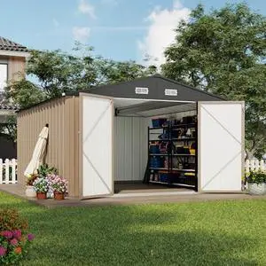 Devoko 10x12 FT Outdoor Storage Shed, Large Metal Storage Sheds with Lockable Door, Utility Garden Tool Shed with Sloping Roof, Outside Steel Storage Sheds for Patio Lawn Backyard, Brown Devoko 10x12 FT Outdoor Storage Shed, Large Metal Storage Sheds with Lockable Door, Utility Garden Tool Shed with Sloping Roof, Outside Steel Storage Sheds for Patio Lawn Backyard, Brown