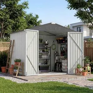Devoko 8 x 6 FT Storage Sheds with Floor Frame, Waterproof Garden Tool Shed with Lockable Door, Outdoor Metal Utility Shed for Backyard Patio Lawn, White Devoko 8 x 6 FT Storage Sheds with Floor Frame, Waterproof Garden Tool Shed with Lockable Door, Outdoor Metal Utility Shed for Backyard Patio Lawn, White