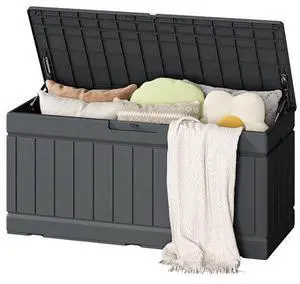 Flamaker Outdoor Storage Box 80 Gallon Resin Waterproof Deck Box Delivery Box with Wood Texture Large Storage Bin for Patio Cushions, (Grey) Flamaker Outdoor Storage Box 80 Gallon Resin Waterproof Deck Box Delivery Box with Wood Texture Large Storage Bin for Patio Cushions, (Grey)