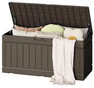 Flamaker Outdoor Storage Box 80 Gallon Resin Waterproof Deck Box Delivery Box with Wood Texture Large Storage Bin for Patio Cushions (Brown) Flamaker Outdoor Storage Box 80 Gallon Resin Waterproof Deck Box Delivery Box with Wood Texture Large Storage Bin for Patio Cushions (Brown)