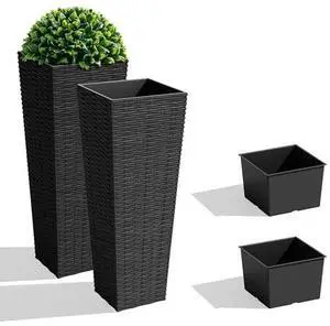 JUMMICO Set of 2 Resin Rattan Tall Planters for Outdoor Plants, Large Tapered Planters with Drainage Holes&Inner Trays, Flower Pots for Garden, Patio, Porch, Backyard (Black, 24'') JUMMICO Set of 2 Resin Rattan Tall Planters for Outdoor Plants, Large Tapered Planters with Drainage Holes&Inner Trays, Flower Pots for Garden, Patio, Porch, Backyard (Black, 24'')