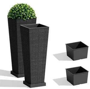 JUMMICO Set of 2 Resin Rattan Tall Planters for Outdoor Plants, Large Tapered Planters with Drainage Holes, Inner Trays and Outer Saucers, Flower Pots for Garden, Patio, Porch, Backyard (Black, 24") JUMMICO Set of 2 Resin Rattan Tall Planters for Outdoor Plants, Large Tapered Planters with Drainage Holes, Inner Trays and Outer Saucers, Flower Pots for Garden, Patio, Porch, Backyard (Black, 24")