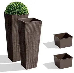JUMMICO Set of 2 Resin Rattan Tall Planters for Outdoor Plants, Large Tapered Planters with Drainage Holes&Inner Trays, Flower Pots for Garden, Patio, Porch, Backyard (Brown, 24'') JUMMICO Set of 2 Resin Rattan Tall Planters for Outdoor Plants, Large Tapered Planters with Drainage Holes&Inner Trays, Flower Pots for Garden, Patio, Porch, Backyard (Brown, 24'')