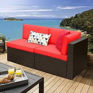 Devoko 2-Piece Modern Red Rattan & Metal Patio Sofa Set - Sectional Corner Sofa & Armless Sofa Devoko 2-Piece Modern Red Rattan & Metal Patio Sofa Set - Sectional Corner Sofa & Armless Sofa