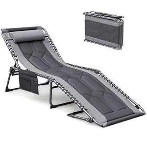 Devoko 4-Fold Padded Portable Folding Outdoor Chaise Lounge Heavy Duty Reclining Chair with Pillow & Side Pocket for Patio, Beach, Pool, Camping, Sunbathing (Gray) Devoko 4-Fold Padded Portable Folding Outdoor Chaise Lounge Heavy Duty Reclining Chair with Pillow & Side Pocket for Patio, Beach, Pool, Camping, Sunbathing (Gray)