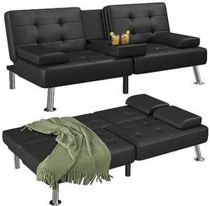 Flamaker Futon Sofa Bed Modern Folding Futon Set Convertible Recliner Lounge for Living Room with 2 Cup Holders, Removable Armrests (PU Leather, Black) Flamaker Futon Sofa Bed Modern Folding Futon Set Convertible Recliner Lounge for Living Room with 2 Cup Holders, Removable Armrests (PU Leather, Black)