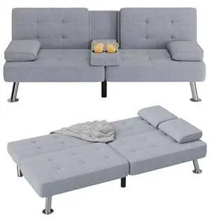 Flamaker Futon Sofa Bed Modern Folding Futon Set Linen Fabric Convertible Recliner Lounge for Living Room with 2 Cup Holders, Removable Armrests (Fabric, Light Grey) Flamaker Futon Sofa Bed Modern Folding Futon Set Linen Fabric Convertible Recliner Lounge for Living Room with 2 Cup Holders, Removable Armrests (Fabric, Light Grey)