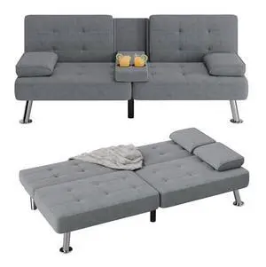 Flamaker Futon Sofa Bed Modern Folding Futon Set Linen Fabric Convertible Recliner Lounge for Living Room with 2 Cup Holders, Removable Armrests (Fabric, Grey) Flamaker Futon Sofa Bed Modern Folding Futon Set Linen Fabric Convertible Recliner Lounge for Living Room with 2 Cup Holders, Removable Armrests (Fabric, Grey)