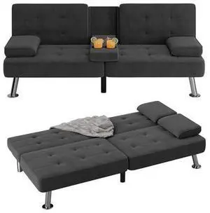 Flamaker Futon Sofa Bed Modern Folding Futon Set Linen Fabric Convertible Recliner Lounge for Living Room with 2 Cup Holders, Removable Armrests (Fabric, Carbon Black) Flamaker Futon Sofa Bed Modern Folding Futon Set Linen Fabric Convertible Recliner Lounge for Living Room with 2 Cup Holders, Removable Armrests (Fabric, Carbon Black)